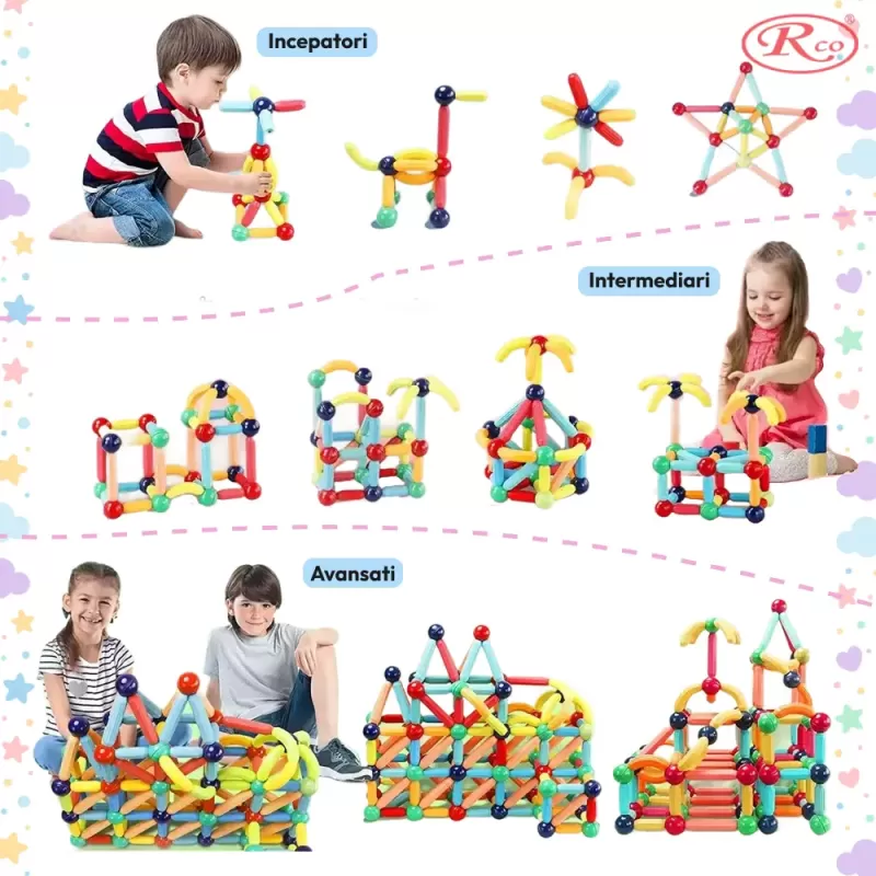 Set de Constructie Magnetica STEM 130 Piese si Cutie depozitare – Bile si Tije 2D & 3D