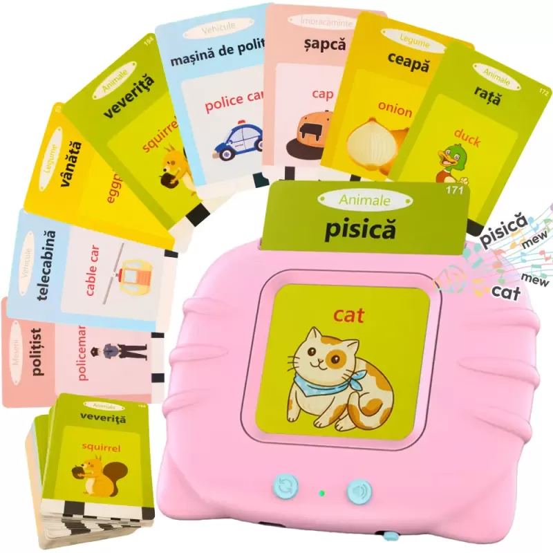 Cititor de Carduri in Limba Romana si Engleza cu 448 Cuvinte, 224 Imagini si sunete, incarcare USB, 3+ ani, Roz