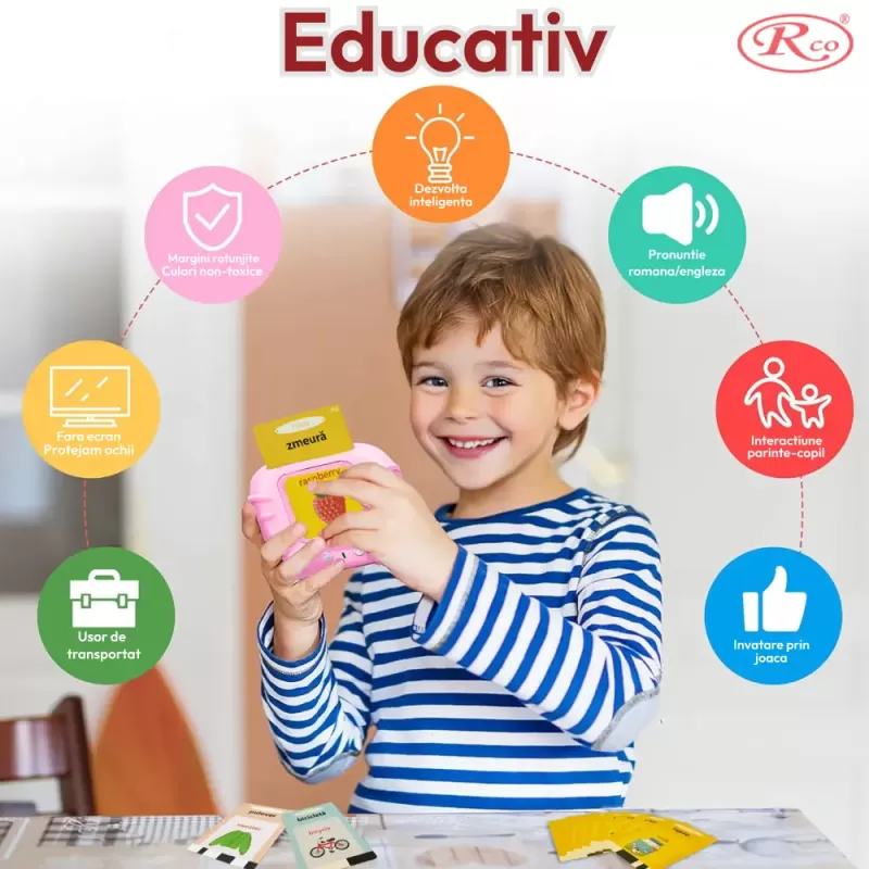 Cititor de Carduri in Limba Romana si Engleza cu 448 Cuvinte, 224 Imagini si sunete, incarcare USB, 3+ ani, Roz