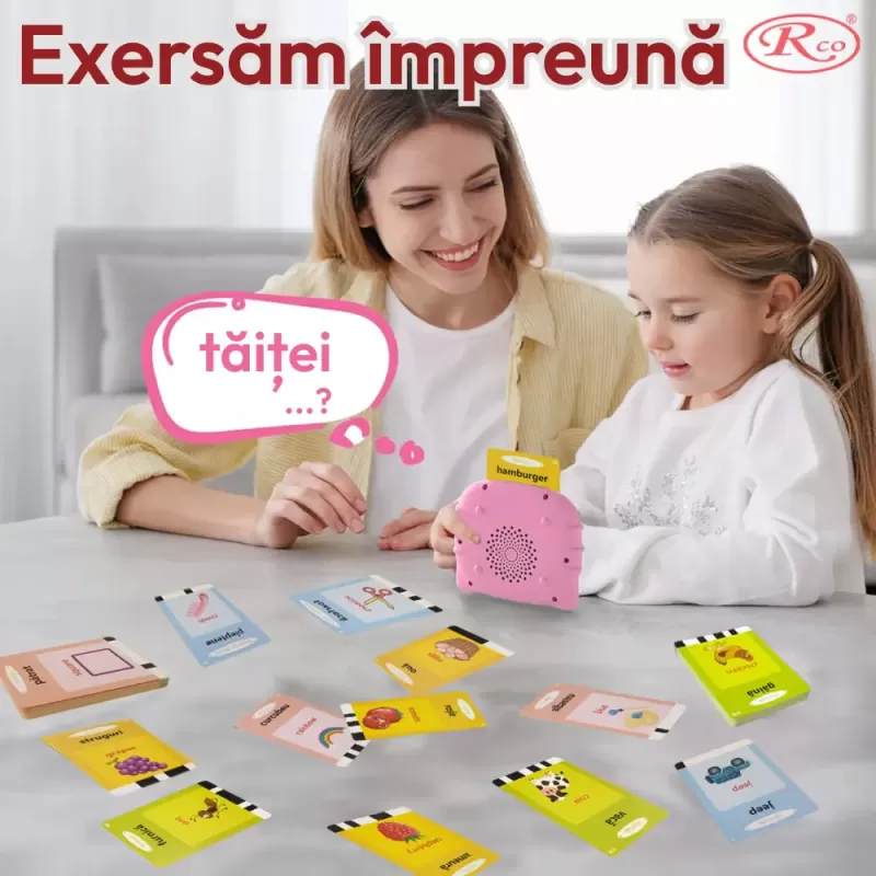 Cititor de Carduri in Limba Romana si Engleza cu 448 Cuvinte, 224 Imagini si sunete, incarcare USB, 3+ ani, Roz