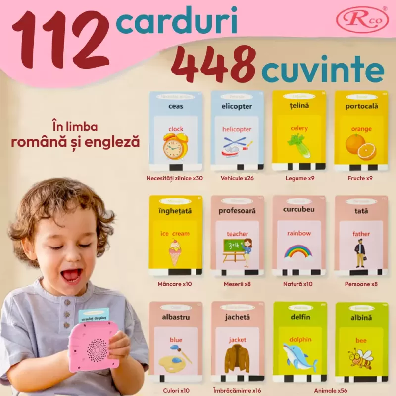 Cititor de Carduri in Limba Romana si Engleza cu 448 Cuvinte, 224 Imagini si sunete, incarcare USB, 3+ ani, Roz