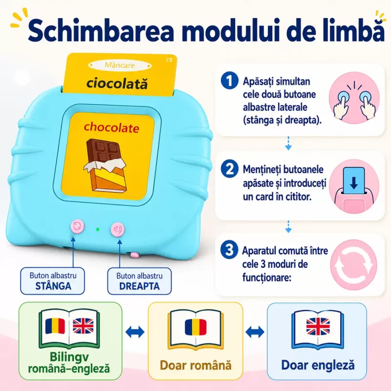 Cititor de carduri educational RCO bilingv romana engleza cu 112 carduri si 448 cuvinte pentru copii 3 ani plus