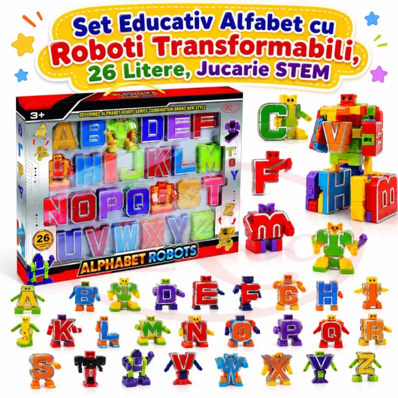 Set Educativ Alfabet cu Roboti Transformabili, 26 Litere, Jucarie STEM pentru Copii 3 Ani+