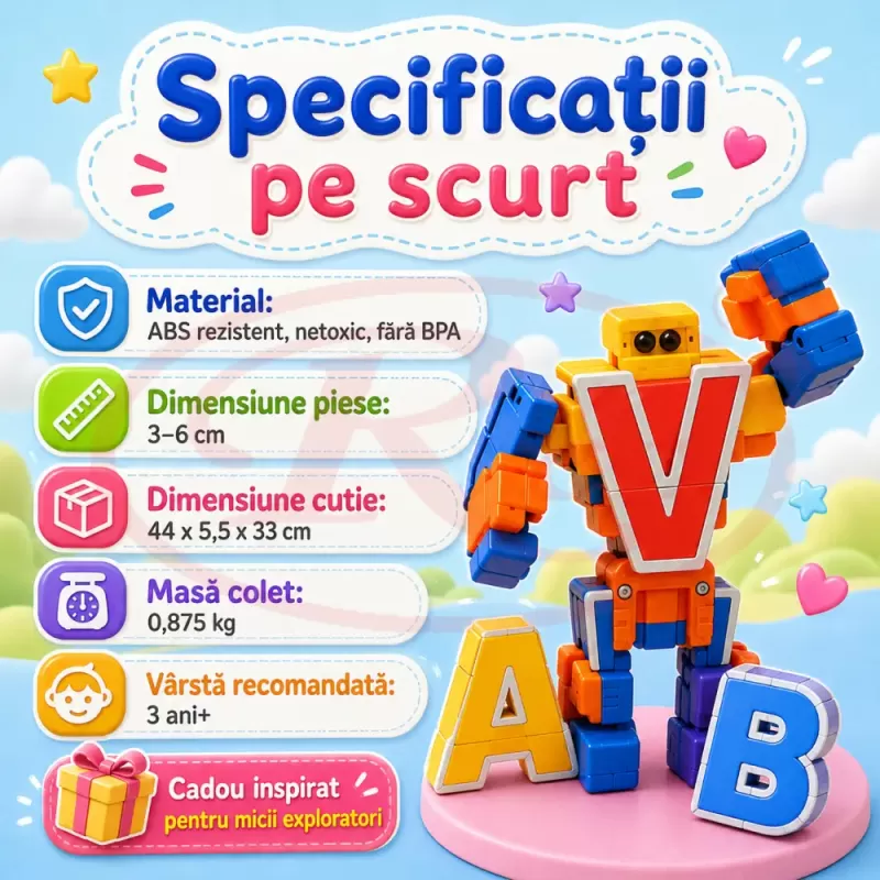 Set Educativ Alfabet cu Roboti Transformabili, 26 Litere, Jucarie STEM pentru Copii 3 Ani+