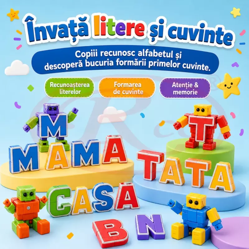 Set Educativ Alfabet cu Roboti Transformabili, 26 Litere, Jucarie STEM pentru Copii 3 Ani+