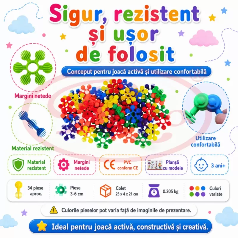 Set de constructie STEM Fun Blocks Educational cu aproximativ 36 de piese colorate conectabile si plansa cu modele