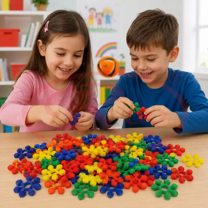 Set de constructie STEM Fun Blocks Educational cu aproximativ 36 de piese colorate conectabile si plansa cu modele