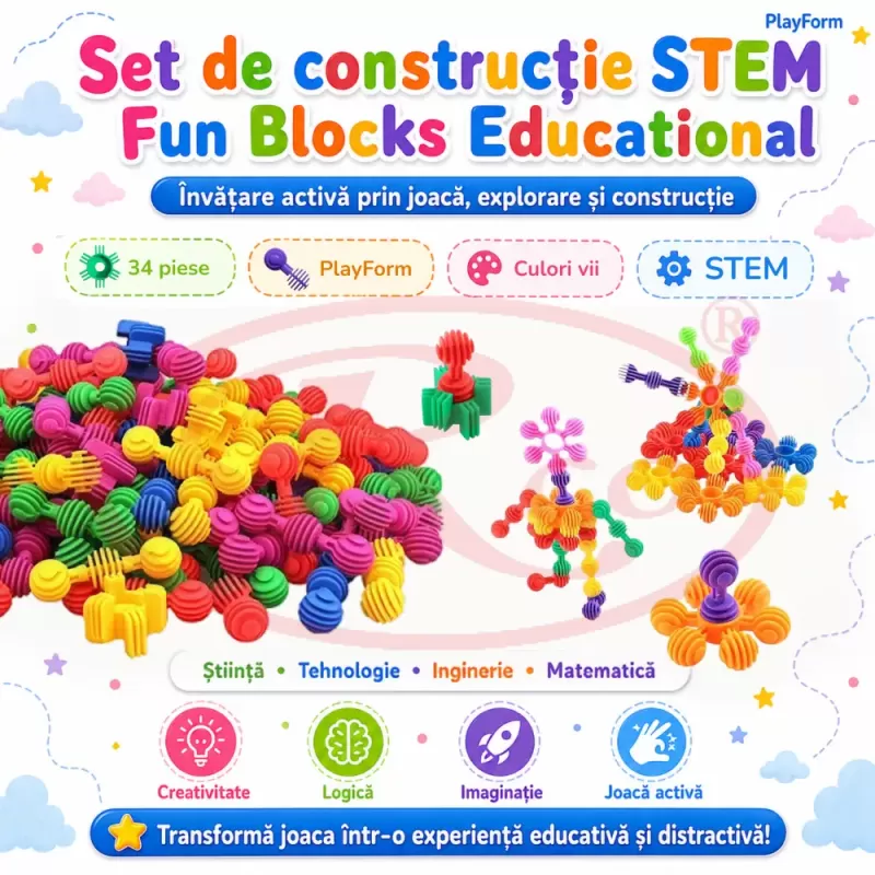 Set de constructie STEM Fun Blocks Educational cu aproximativ 36 de piese colorate conectabile si plansa cu modele