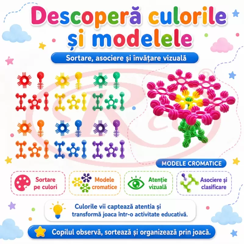 Set de constructie STEM Fun Blocks Educational cu aproximativ 36 de piese colorate conectabile si plansa cu modele