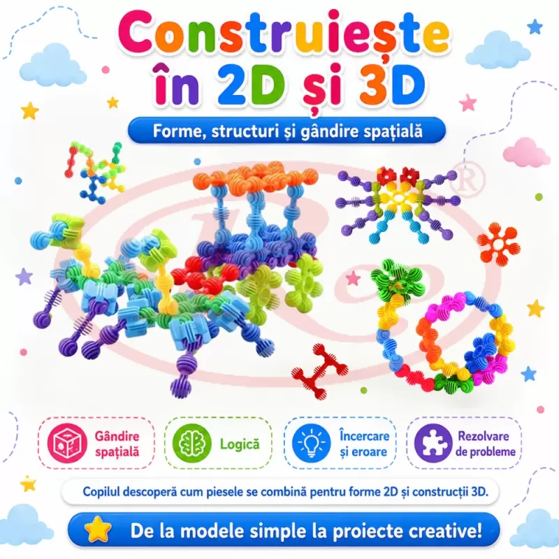 Set de constructie STEM Fun Blocks Educational cu aproximativ 36 de piese colorate conectabile si plansa cu modele