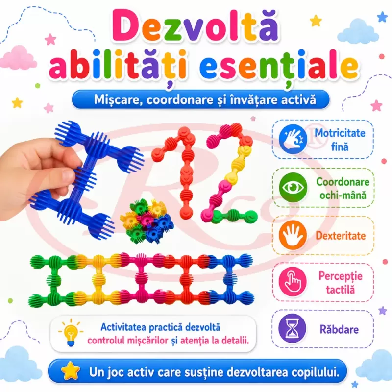 Set de constructie STEM Fun Blocks Educational cu aproximativ 36 de piese colorate conectabile si plansa cu modele