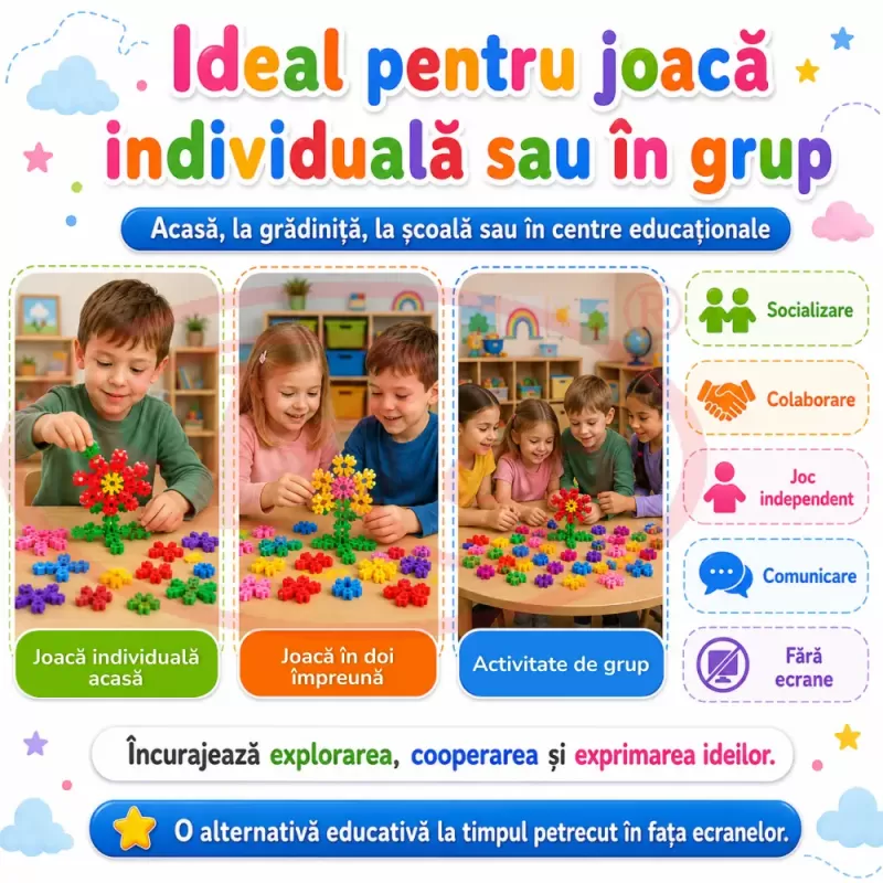 Set de constructie STEM Fun Blocks Educational cu aproximativ 36 de piese colorate conectabile si plansa cu modele