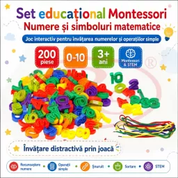 Set Educational Montessori de snuruit cu numere si simboluri matematice, joc pentru formarea operatiilor simple, 200 piese, 3+ ani