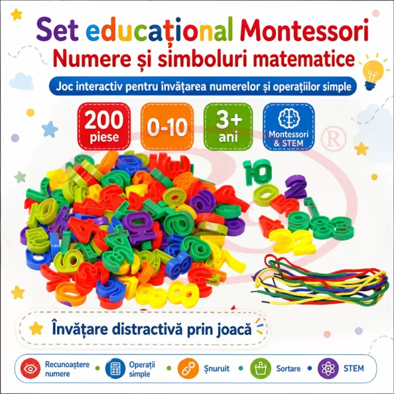 Set educational Montessori de snuruit cu 200 de piese, numere de la 0 la 10 si simboluri matematice colorate