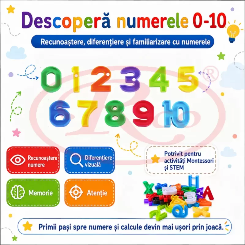 Set educational Montessori de snuruit cu 200 de piese, numere de la 0 la 10 si simboluri matematice colorate