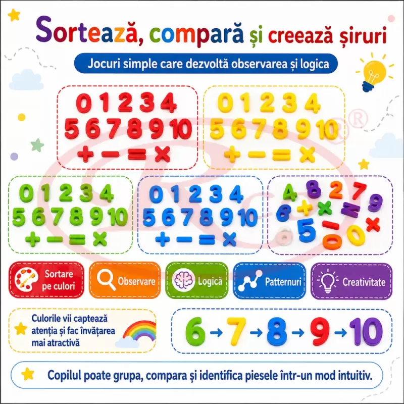Set educational Montessori de snuruit cu 200 de piese, numere de la 0 la 10 si simboluri matematice colorate