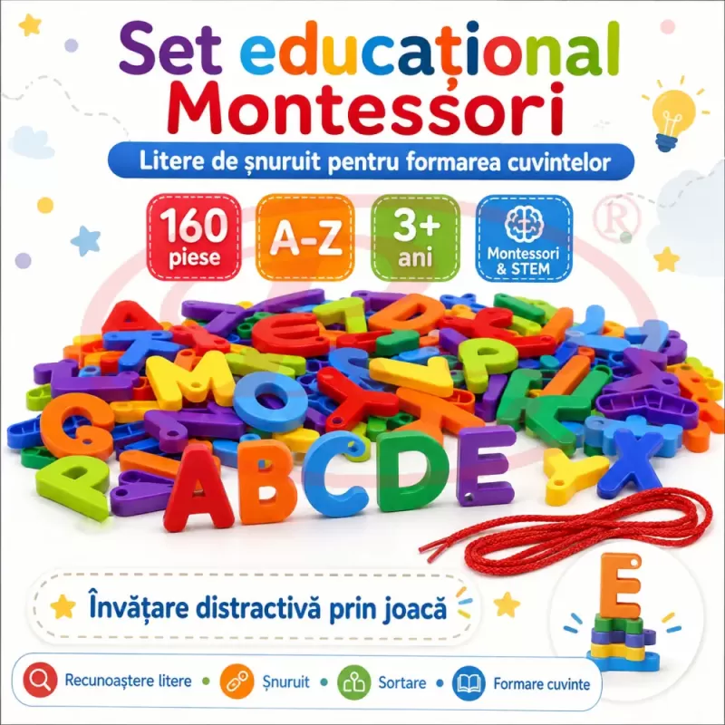 Set educational Montessori cu 160 de litere colorate A–Z pentru snuruit, sortare si formarea cuvintelor