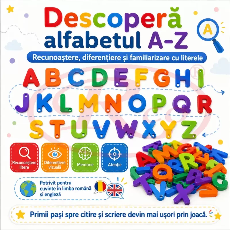 Set educational Montessori cu 160 de litere colorate A–Z pentru snuruit, sortare si formarea cuvintelor