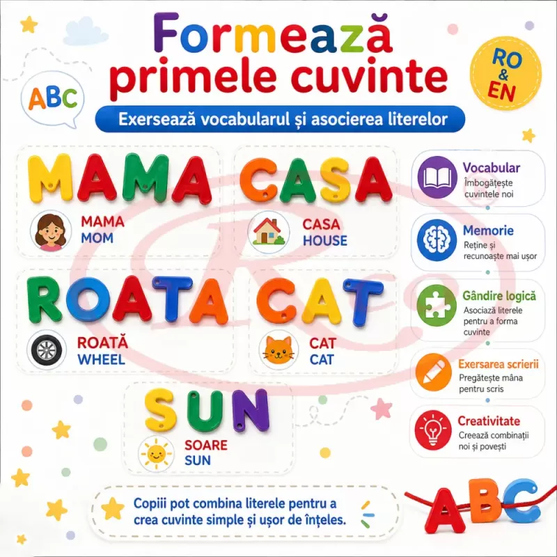 Set educational Montessori cu 160 de litere colorate A–Z pentru snuruit, sortare si formarea cuvintelor
