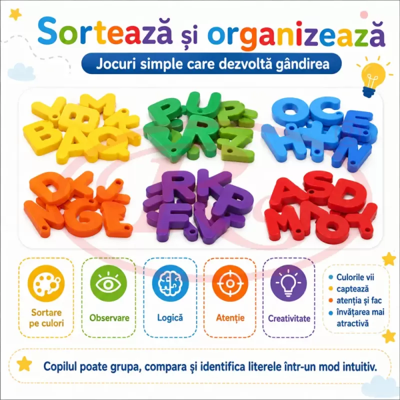 Set educational Montessori cu 160 de litere colorate A–Z pentru snuruit, sortare si formarea cuvintelor