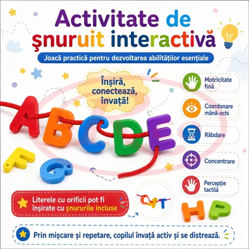 Set educational Montessori cu 160 de litere colorate A–Z pentru snuruit, sortare si formarea cuvintelor