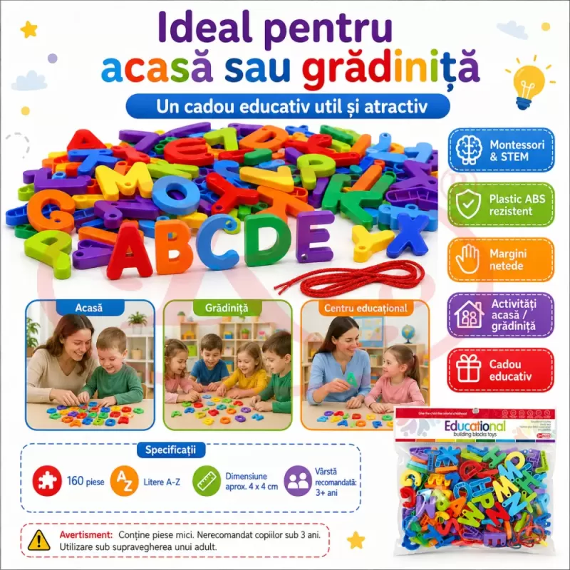 Set educational Montessori cu 160 de litere colorate A–Z pentru snuruit, sortare si formarea cuvintelor