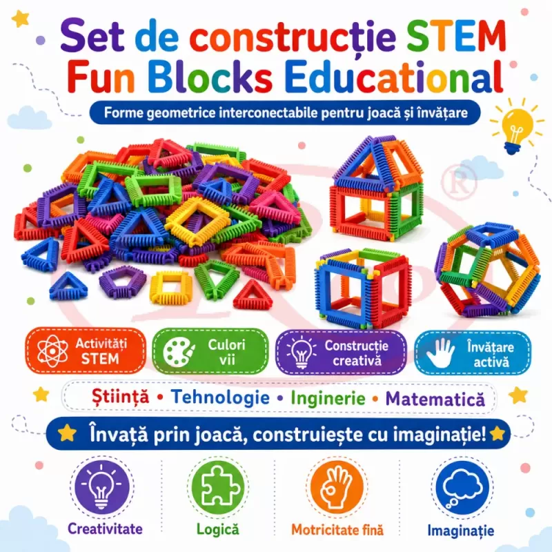 Set de constructie STEM - Fun Blocks Educational, Forme Geometrice Interconectabile, + 3 ani