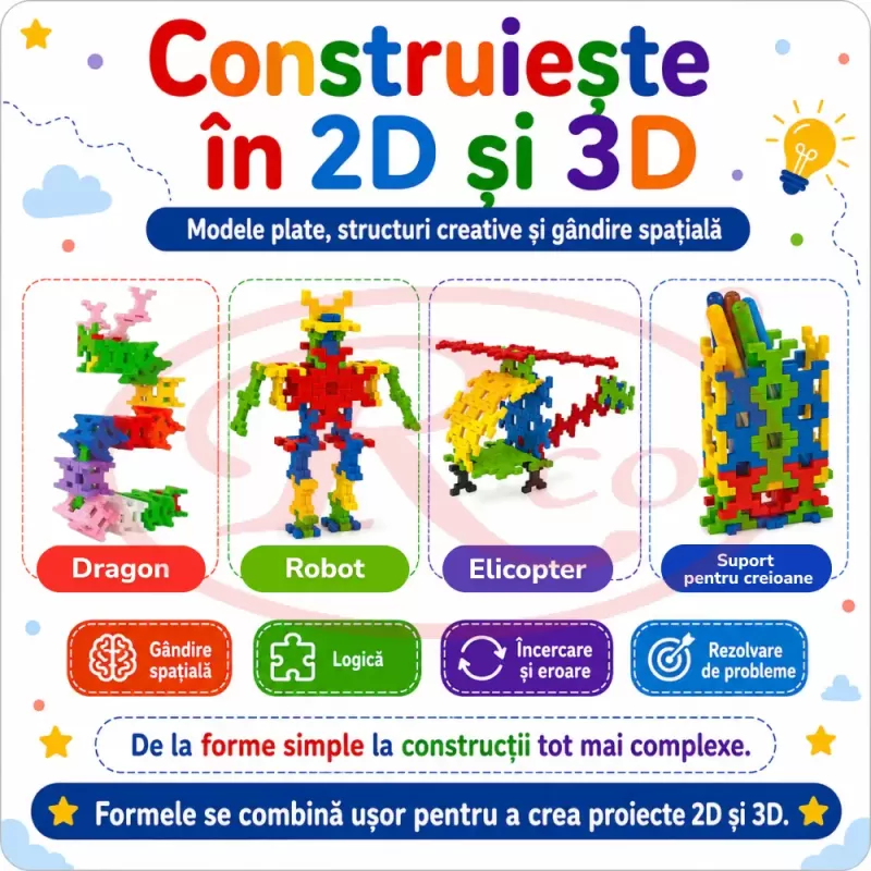 Set de constructie STEM Fun Blocks Educational ConnectiX cu 28 de piese colorate si plansa cu modele
