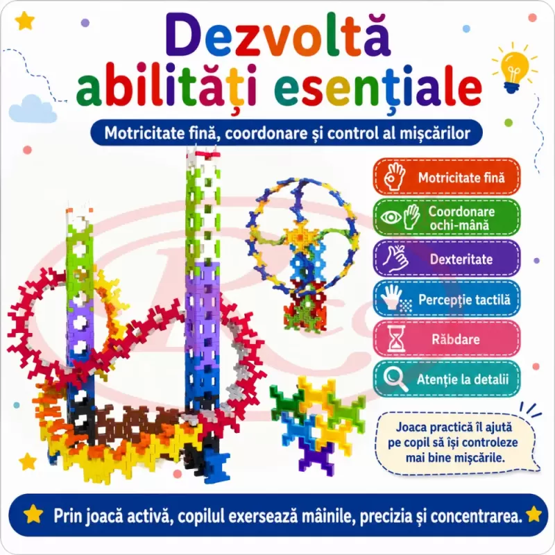 Set de constructie STEM Fun Blocks Educational ConnectiX cu 28 de piese colorate si plansa cu modele