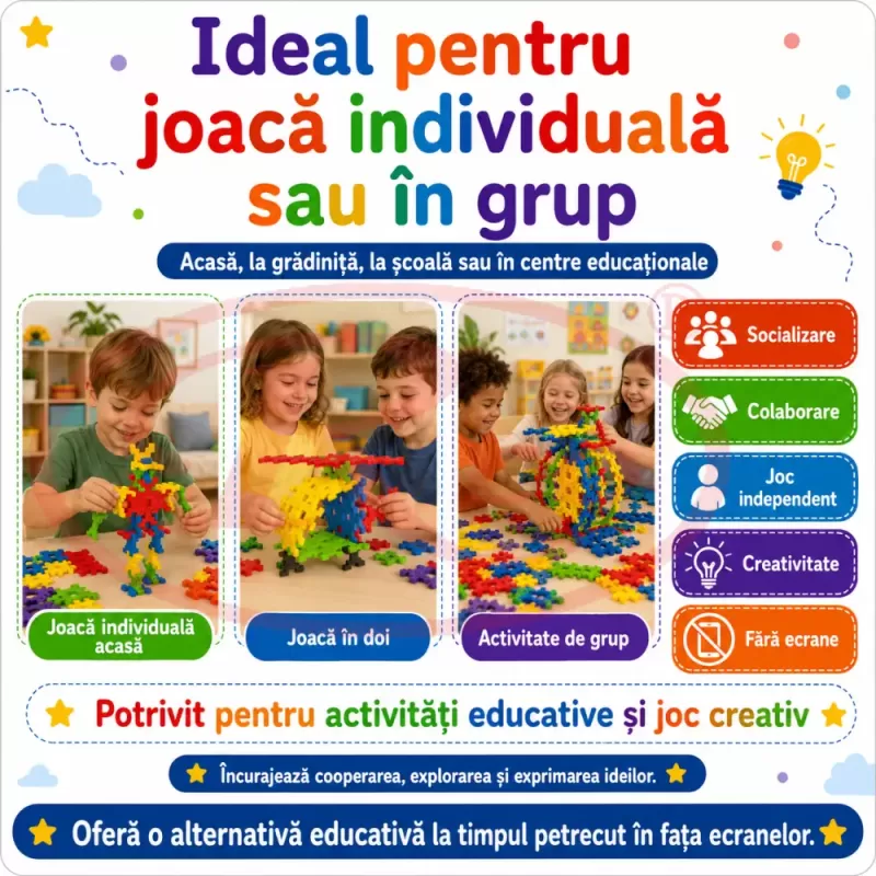 Set de constructie STEM Fun Blocks Educational ConnectiX cu 28 de piese colorate si plansa cu modele