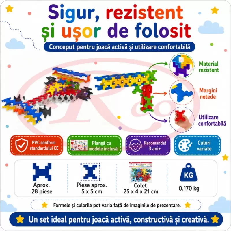 Set de constructie STEM Fun Blocks Educational ConnectiX cu 28 de piese colorate si plansa cu modele