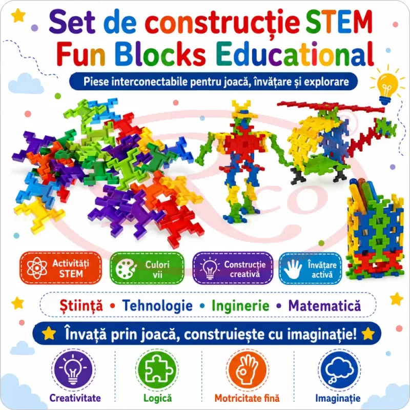 Set de constructie STEM Fun Blocks Educational ConnectiX cu 28 de piese colorate si plansa cu modele