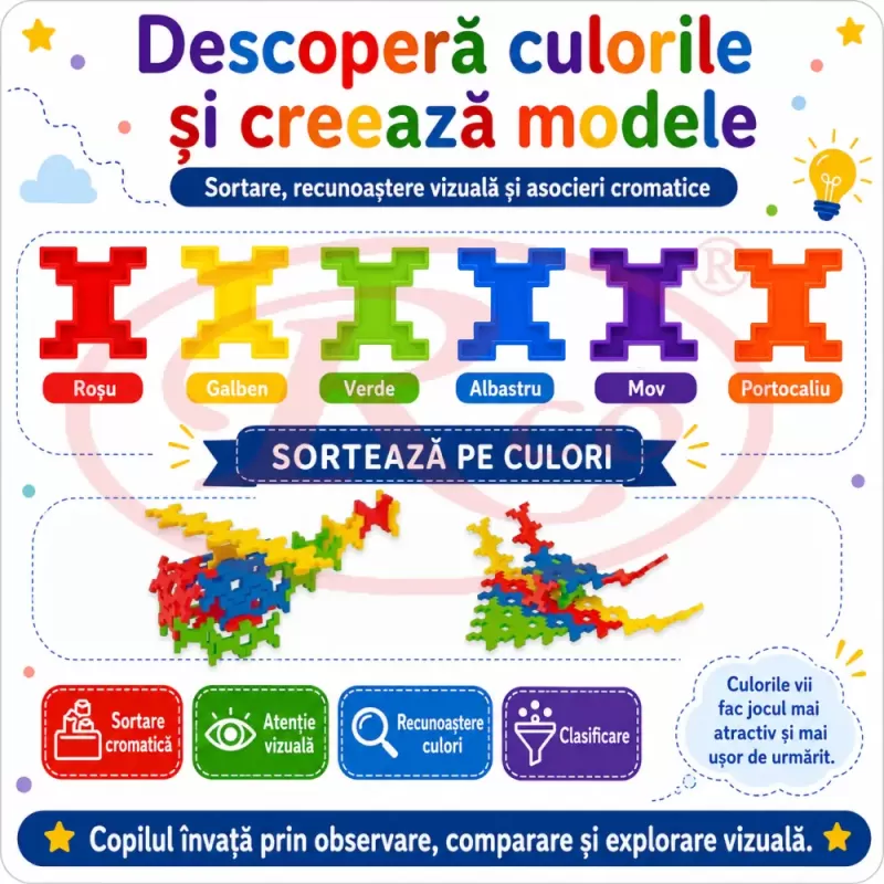 Set de constructie STEM Fun Blocks Educational ConnectiX cu 28 de piese colorate si plansa cu modele