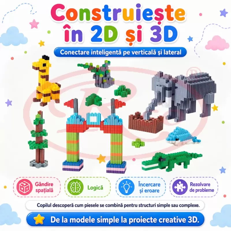 Set de constructie STEM Fun Blocks Educational cu aproximativ 75 de piese colorate conectabile si plansa cu modele