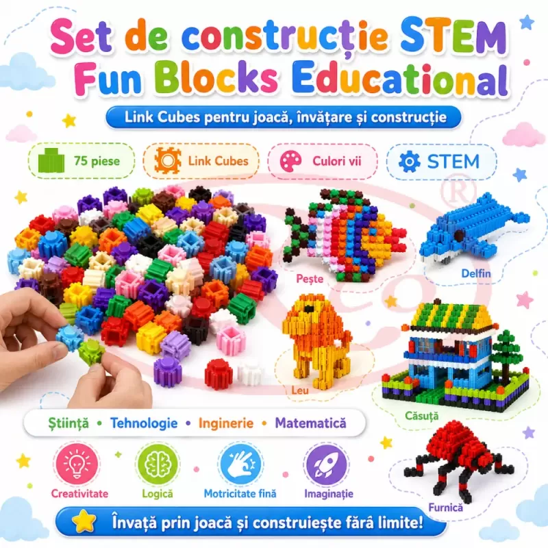 Set de constructie STEM Fun Blocks Educational cu aproximativ 75 de piese colorate conectabile si plansa cu modele