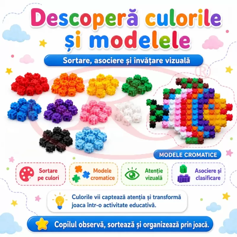 Set de constructie STEM Fun Blocks Educational cu aproximativ 75 de piese colorate conectabile si plansa cu modele