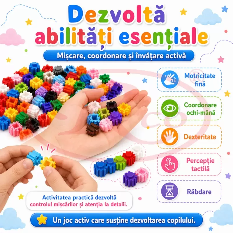 Set de constructie STEM Fun Blocks Educational cu aproximativ 75 de piese colorate conectabile si plansa cu modele