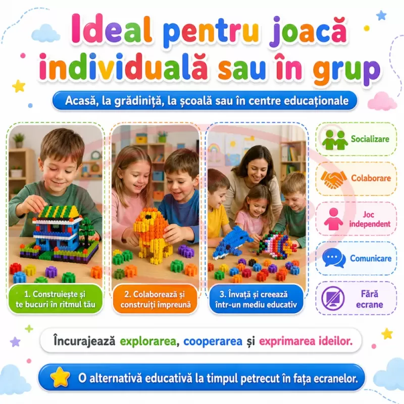 Set de constructie STEM Fun Blocks Educational cu aproximativ 75 de piese colorate conectabile si plansa cu modele