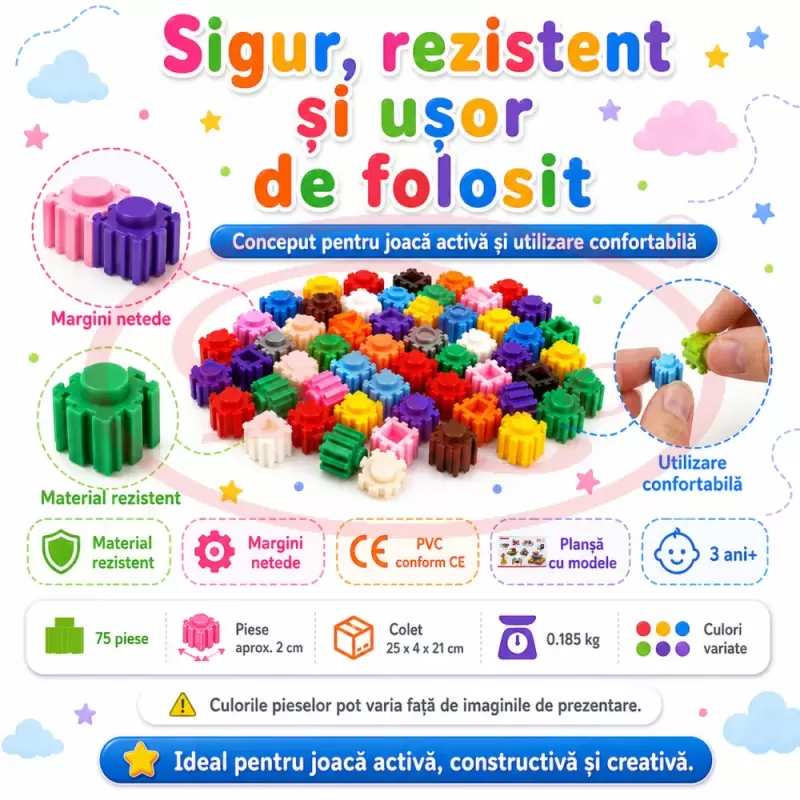 Set de constructie STEM Fun Blocks Educational cu aproximativ 75 de piese colorate conectabile si plansa cu modele