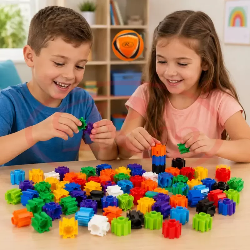 Set de constructie STEM Fun Blocks Educational cu aproximativ 75 de piese colorate conectabile si plansa cu modele