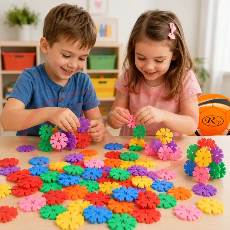Set de constructie STEM Fun Blocks Educational cu aproximativ 80 de piese colorate si plansa cu modele
