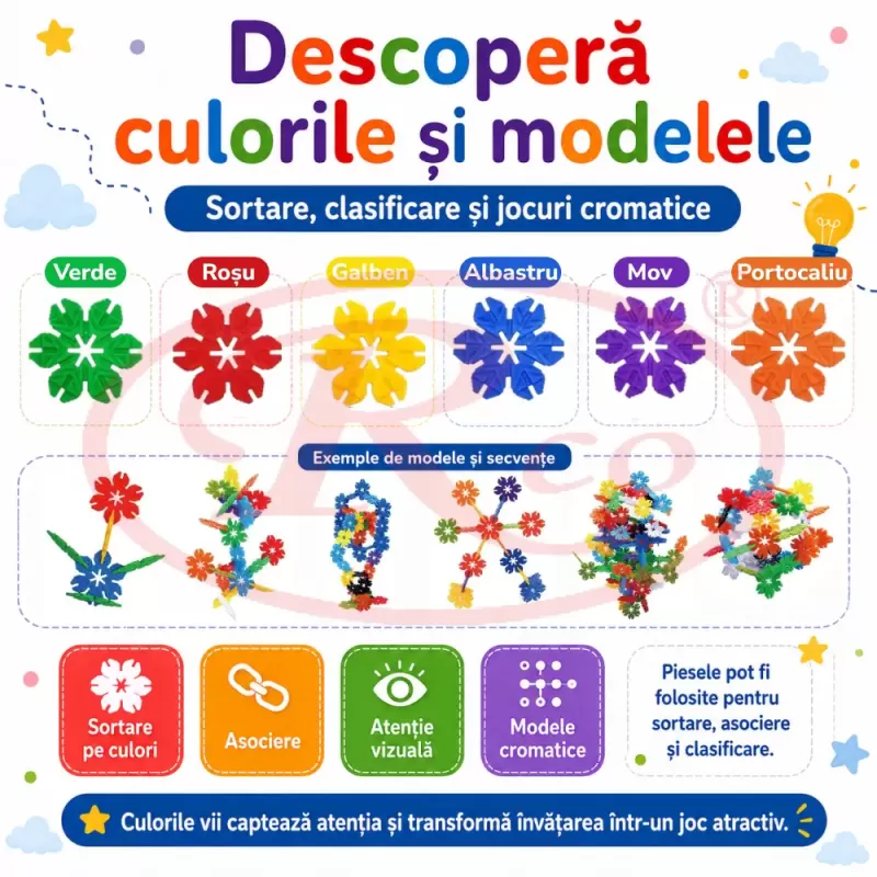 Set de constructie STEM Fun Blocks Educational cu aproximativ 80 de piese colorate si plansa cu modele