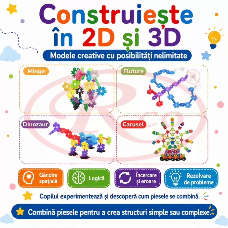 Set de constructie STEM Fun Blocks Educational cu aproximativ 80 de piese colorate si plansa cu modele