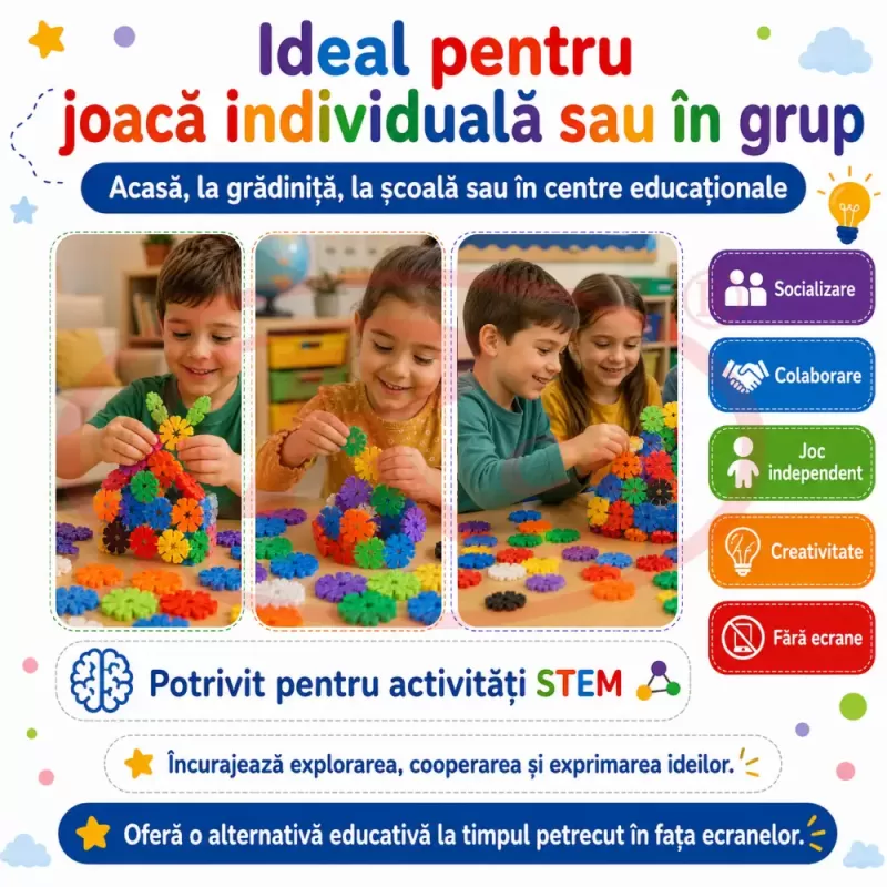 Set de constructie STEM Fun Blocks Educational cu aproximativ 80 de piese colorate si plansa cu modele