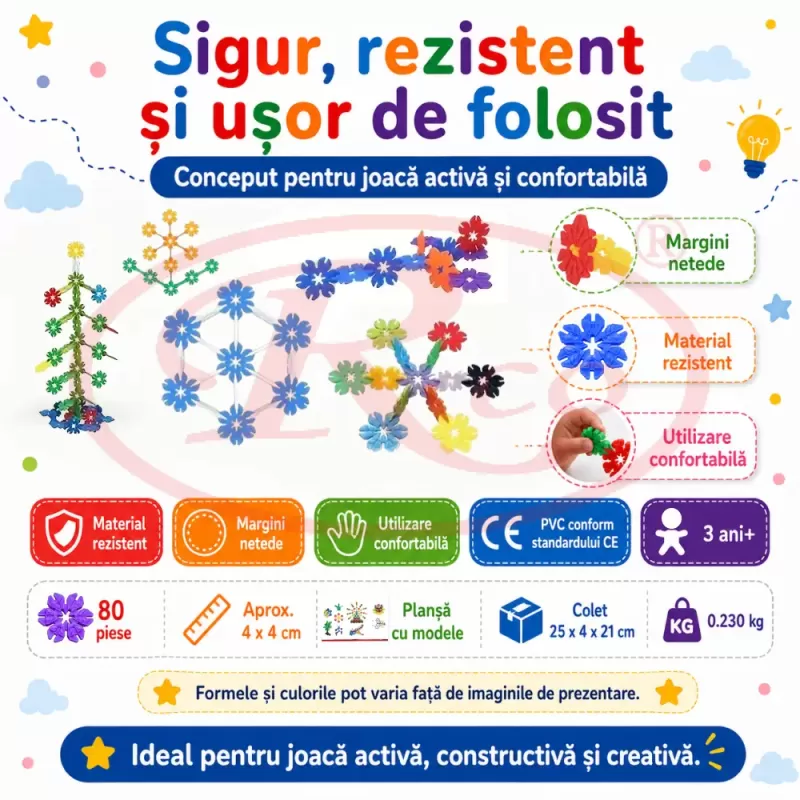 Set de constructie STEM Fun Blocks Educational cu aproximativ 80 de piese colorate si plansa cu modele