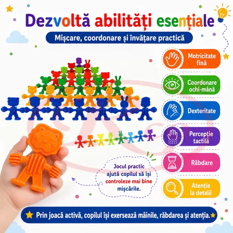 Set de constructie STEM Fun Blocks Educational cu aproximativ 34 de piese colorate in forme de animale si plansa cu modele