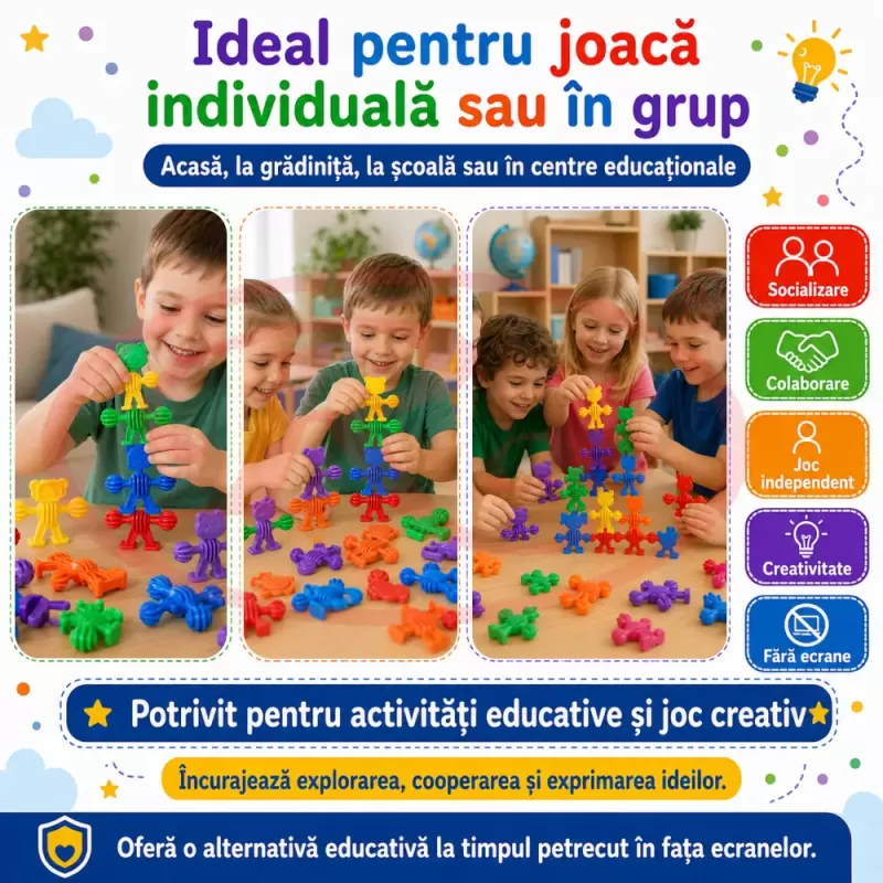 Set de constructie STEM Fun Blocks Educational cu aproximativ 34 de piese colorate in forme de animale si plansa cu modele