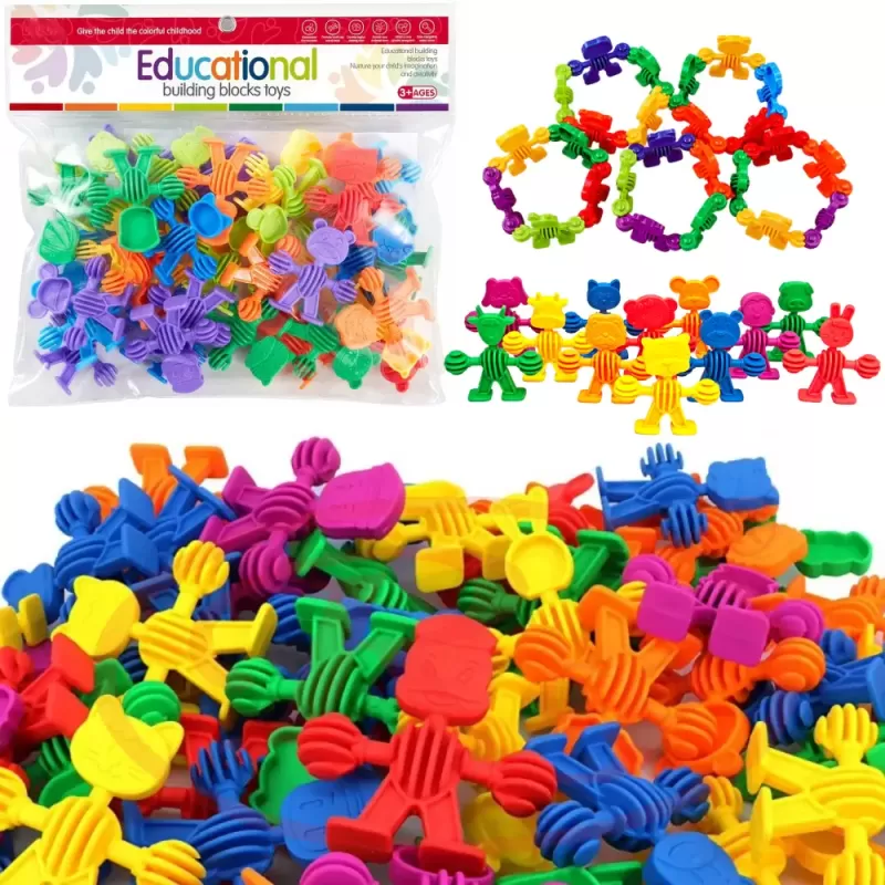 Set de constructie STEM Fun Blocks Educational cu aproximativ 34 de piese colorate in forme de animale si plansa cu modele