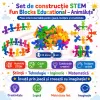 Set de constructie STEM Fun Blocks Educational cu aproximativ 34 de piese colorate in forme de animale si plansa cu modele