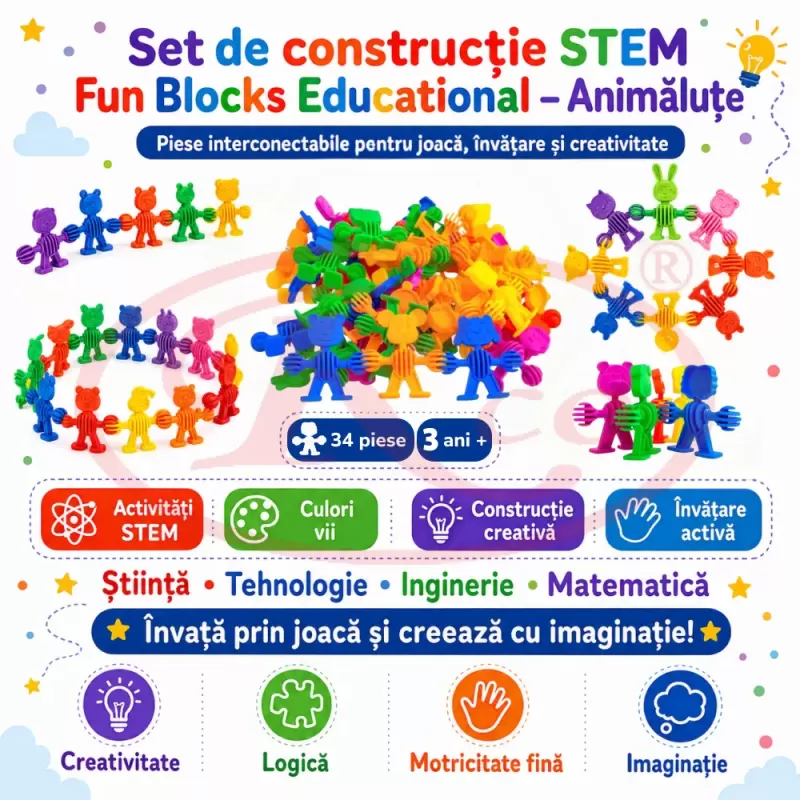 Set de constructie STEM Fun Blocks Educational cu aproximativ 34 de piese colorate in forme de animale si plansa cu modele